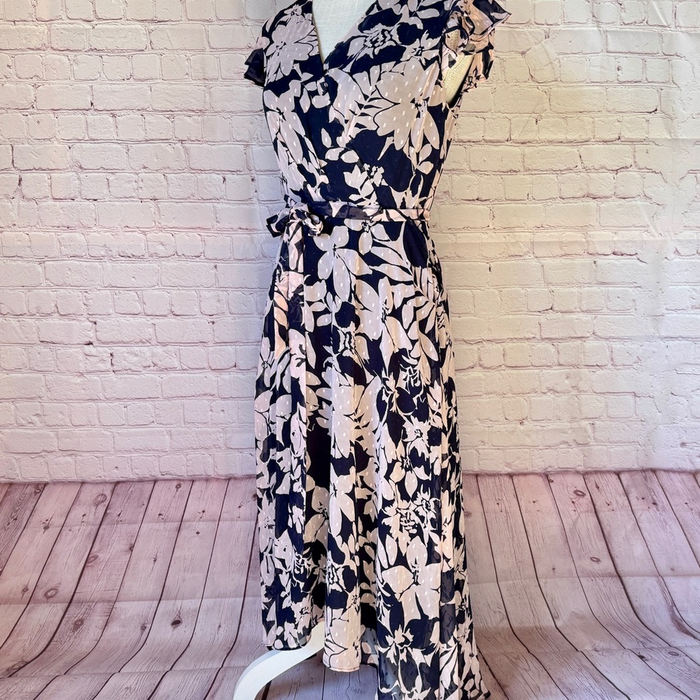 Jessica Howard Dress Navy Blush Pink Floral Faux Wrap Hi Lo Maxi S 6